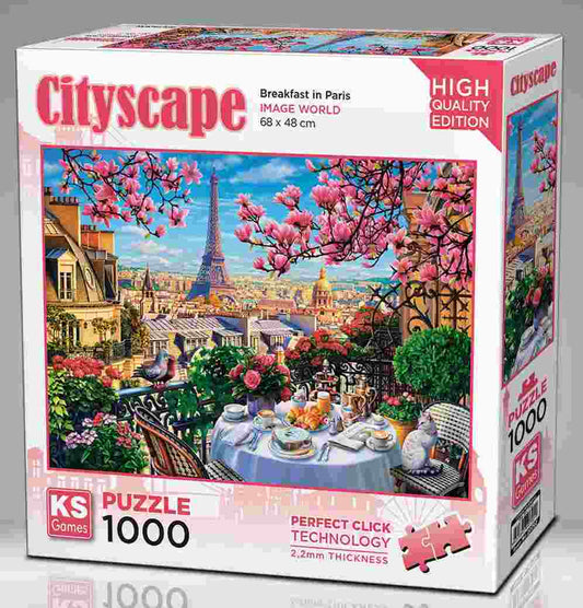 KS Puzzle 1000 Pieces Cityscape Breakfast in Paris – Eiffel Tower morning view jigsaw with 2.2mm thick board and Perfect Click Technology, available at MJ BoardGames Lebanon.