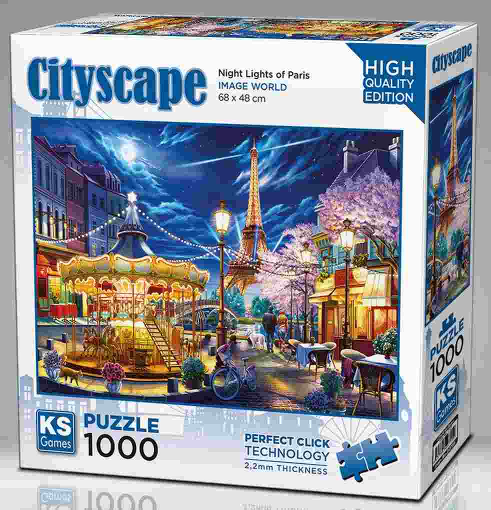 KS Puzzle 1000 Pieces Cityscape Night Lights of Paris – Eiffel Tower night view jigsaw with 2.2mm thick board and Perfect Click Technology, available at MJ BoardGames Lebanon.