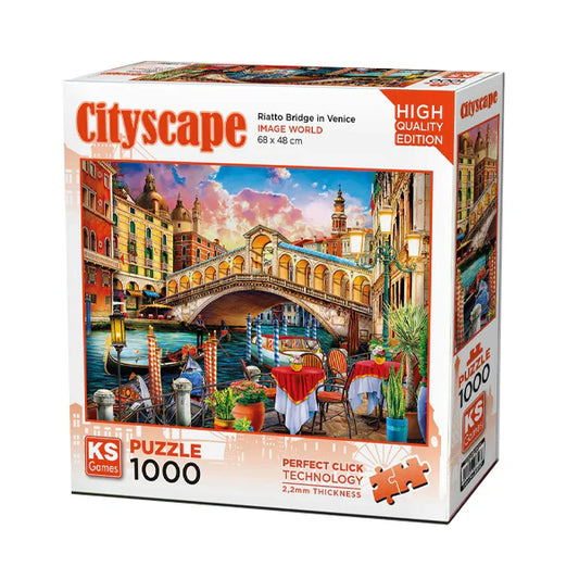 KS Puzzle 1000 Pieces Cityscape Rialto Bridge in Venice – detailed jigsaw puzzle of Venice’s iconic bridge and canal scenery, featuring Perfect Click Technology and 2.2mm thick board, available at MJ BoardGames Lebanon.