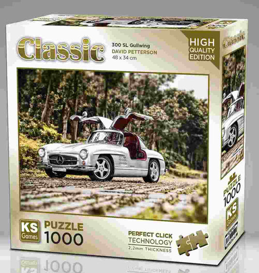 KS Puzzle 1000 Pieces Classic 300 SL Gullwing – vintage Mercedes-Benz car jigsaw with 2.2mm thick board and Perfect Click Technology, available at MJ BoardGames Lebanon.