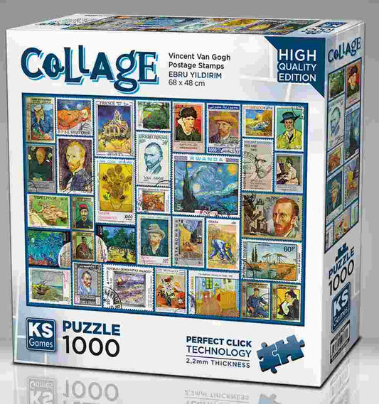 KS Puzzle 1000 Pieces Collage Vincent van Gogh Postage Stamps – colorful jigsaw puzzle featuring Van Gogh’s iconic artworks in a postage stamp collage design, with Perfect Click Technology and 2.2mm thick board, available at MJ BoardGames Lebanon.