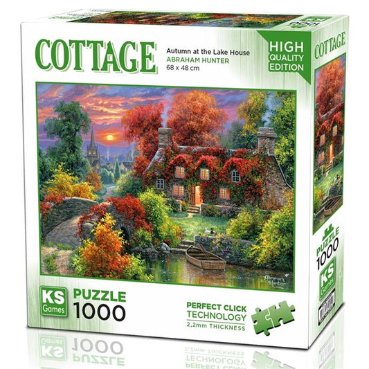 KS Puzzle 1000 Pieces Cottage Autumn at the Lake House – autumn lakeside cottage jigsaw with 2.2mm thick board and Perfect Click Technology, available at MJ BoardGames Lebanon.