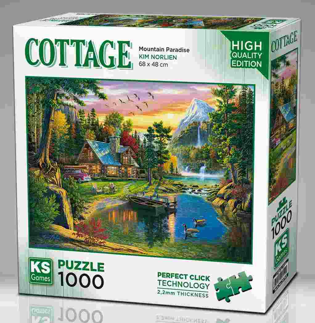 KS Puzzle 1000 Pieces Cottage: Mountain Paradise – serene mountain landscape jigsaw puzzle featuring cozy cottages and nature scenery, with Perfect Click Technology and 2.2mm thick board, available at MJ BoardGames Lebanon.
