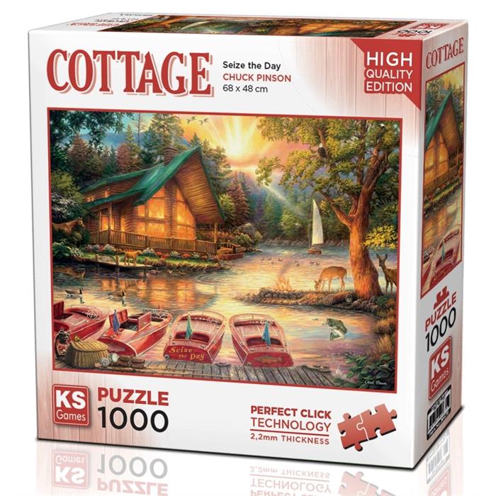 KS Puzzle 1000 Pieces Cottage Seize the Day – serene countryside jigsaw puzzle featuring a cozy cottage and blooming gardens, Perfect Click Technology, and 2.2mm thick board, available at MJ BoardGames Lebanon.