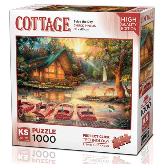 KS Puzzle 1000 Pieces Cottage Seize the Day – serene countryside jigsaw puzzle featuring a cozy cottage and blooming gardens, Perfect Click Technology, and 2.2mm thick board, available at MJ BoardGames Lebanon.