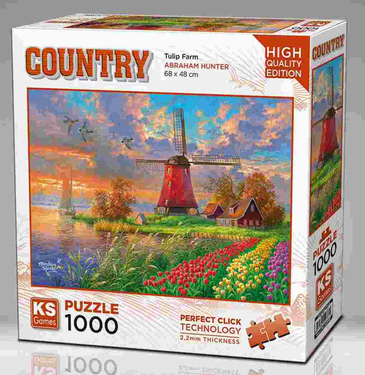 KS Puzzle 1000 Pieces Country Tulip Farm – colorful countryside jigsaw puzzle featuring blooming tulip fields and farmhouse scenery, Perfect Click Technology, 2.2mm thick board, available at MJ BoardGames Lebanon.
