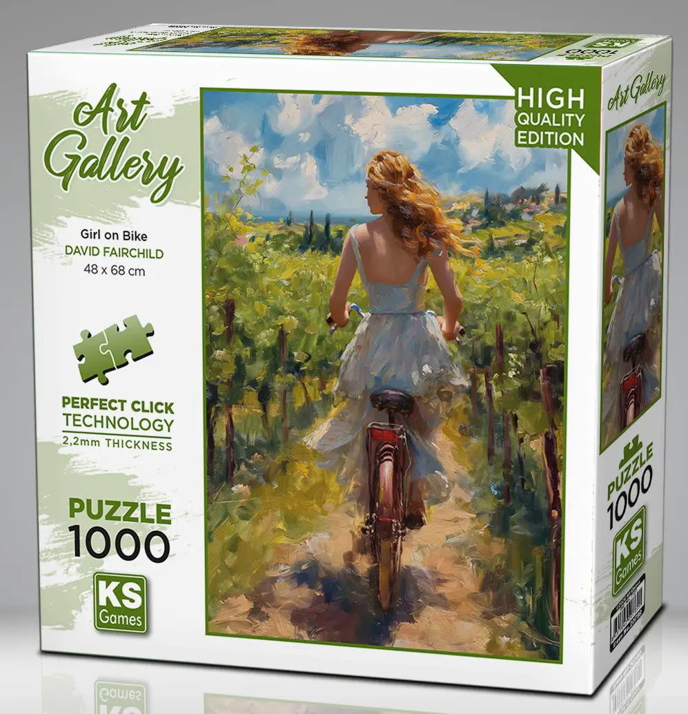 KS Puzzle 1000 Pieces Girl on Bike – artistic jigsaw puzzle featuring a woman on a bicycle in an art gallery scene, with Perfect Click Technology and 2.2mm thick board, available at MJ BoardGames Lebanon.