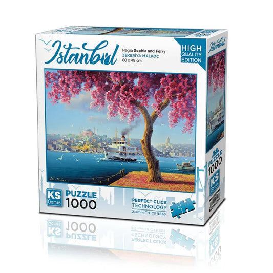 KS Puzzle 1000 Pieces Istanbul Hagia Sophia and Ferry – scenic jigsaw puzzle of Istanbul’s Hagia Sophia and Bosphorus ferry, crafted with Perfect Click Technology and 2.2mm thick board, available at MJ BoardGames Lebanon.