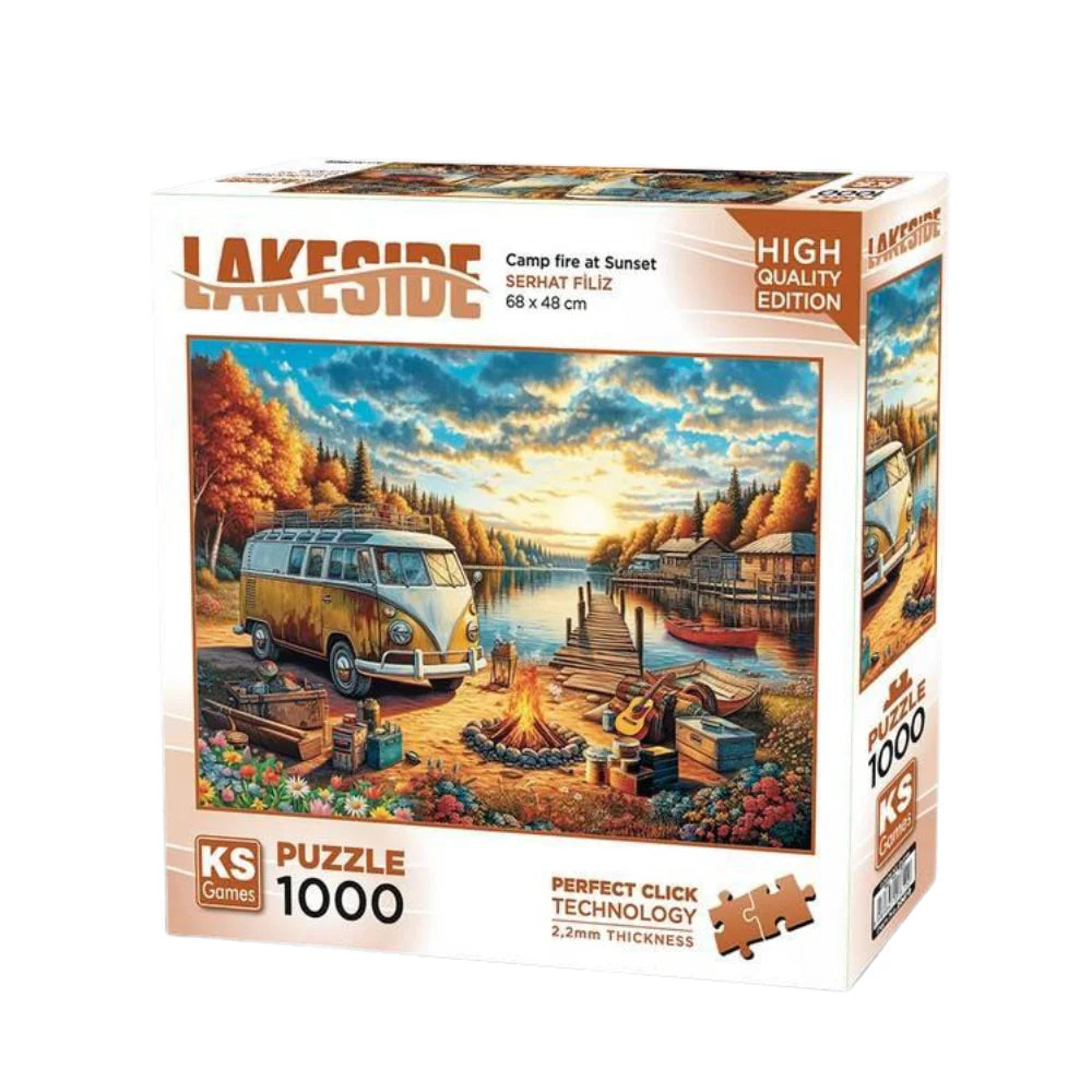 KS Puzzle 1000 Pieces Lakeside Camp Fire at Sunset – peaceful outdoor sunset jigsaw with 2.2mm thick board and Perfect Click Technology, available at MJ BoardGames Lebanon.