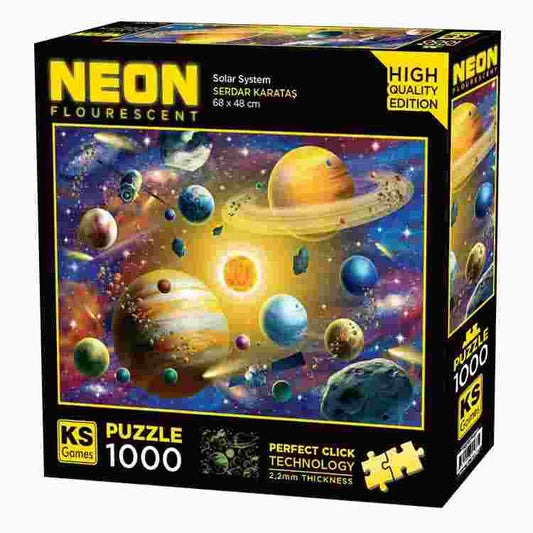 KS Puzzle 1000 Pieces Neon Solar System – vivid neon space jigsaw puzzle featuring planets, stars, and cosmic light effects with Perfect Click Technology and 2.2mm thick board, available at MJ BoardGames Lebanon.