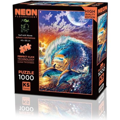 KS Puzzle 1000 Pieces Neon Surf with Waves – colorful neon surfing jigsaw with 2.2mm thick board and Perfect Click Technology, available at MJ BoardGames Lebanon.