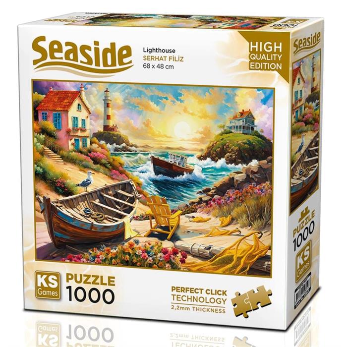 KS Puzzle 1000 Pieces Seaside Lighthouse – coastal-themed jigsaw with 2.2mm thick board and Perfect Click Technology, available at MJ BoardGames Lebanon.