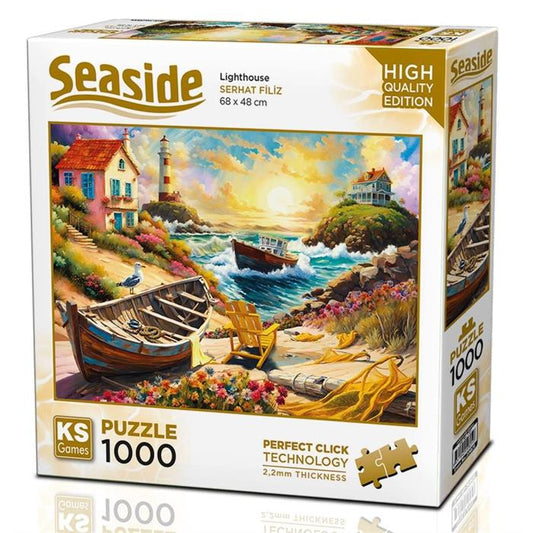KS Puzzle 1000 Pieces Seaside Lighthouse – coastal-themed jigsaw with 2.2mm thick board and Perfect Click Technology, available at MJ BoardGames Lebanon.