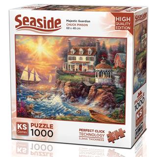 KS Puzzle 1000 Pieces Seaside Majestic Guardian – lighthouse-themed jigsaw with 2.2mm thick board and Perfect Click Technology, available at MJ BoardGames Lebanon.