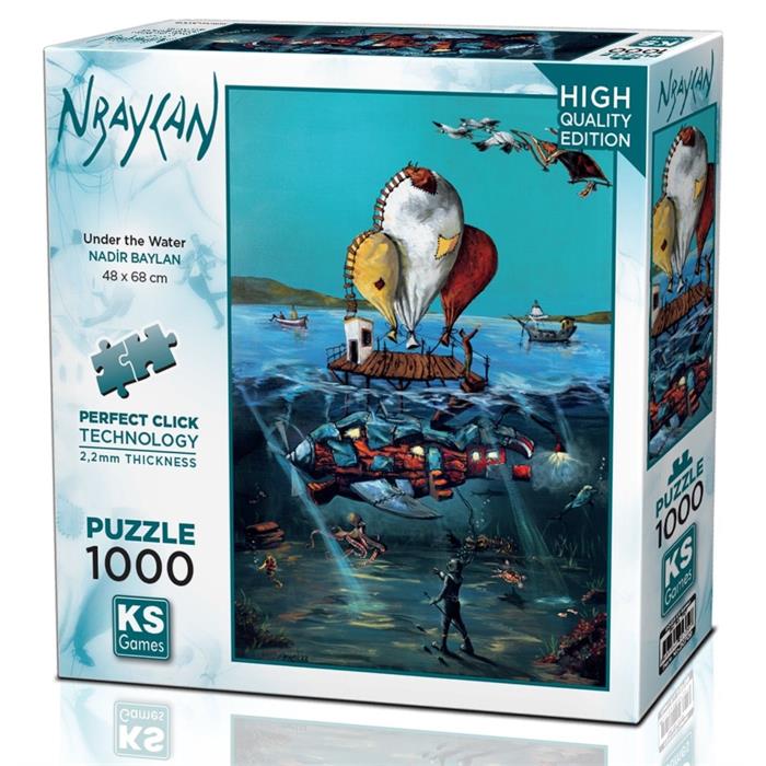 KS Puzzle 1000 Pieces Under the Water – vibrant ocean-themed jigsaw with coral reefs, fish, and sea turtles, featuring Perfect Click Technology and 2.2mm thick board, available at MJ BoardGames Lebanon.