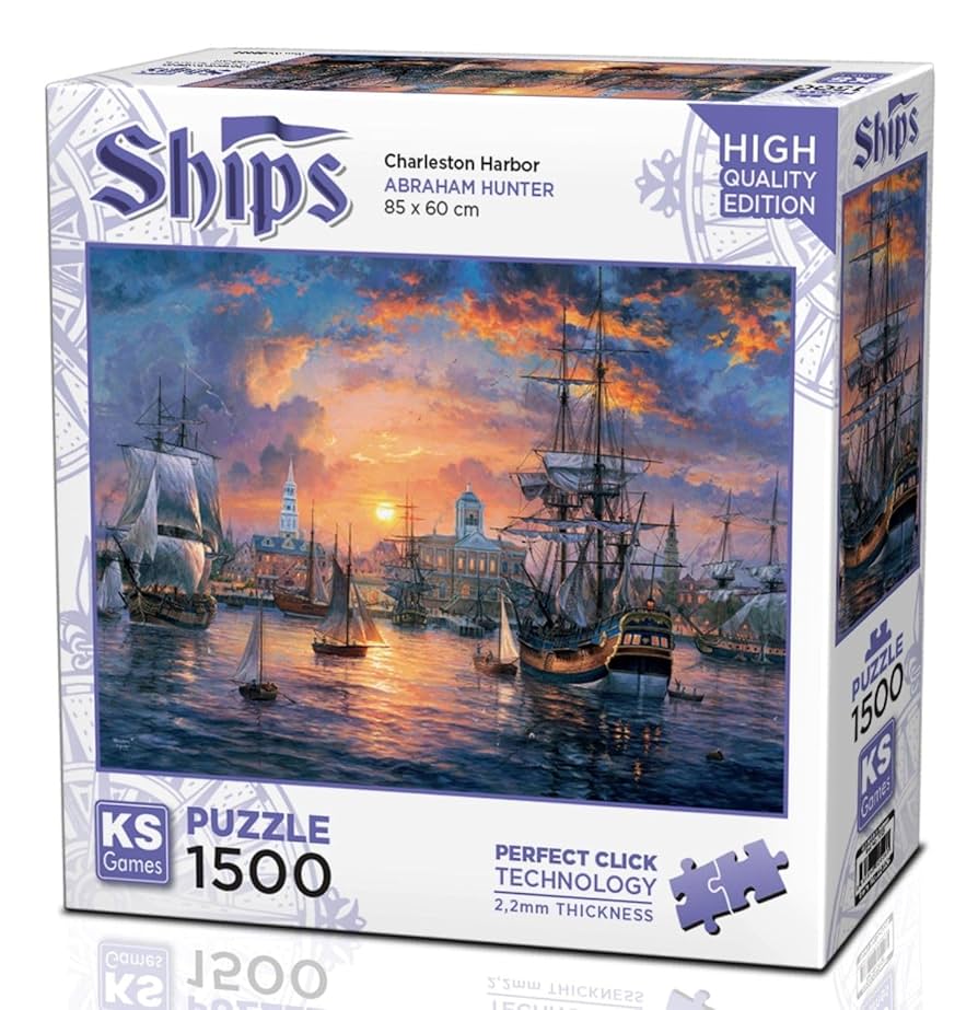 KS Puzzle 1500 Pieces Charleston Harbor – nautical jigsaw puzzle featuring historic ships and sunset scenery, 85 x 60 cm, with Perfect Click Technology and 2.2mm thick board, available at MJ BoardGames Lebanon.