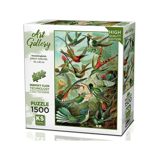 KS Puzzle 1500 Pieces Hummingbirds – colorful art gallery jigsaw puzzle with vibrant hummingbirds and flowers, 85 x 60 cm, featuring Perfect Click Technology and 2.2mm thick board, available at MJ BoardGames Lebanon.
