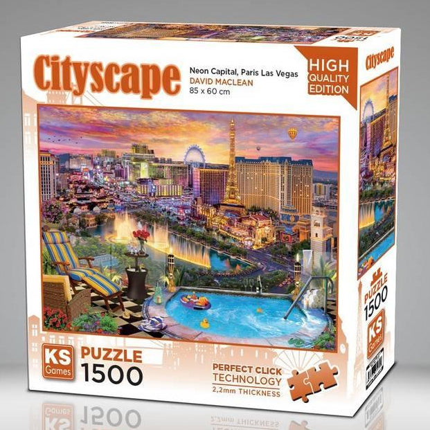 KS Puzzle 1500 Pieces Neon Capital Paris Las Vegas – vibrant cityscape jigsaw puzzle featuring neon lights and Paris Hotel at night, crafted with Perfect Click Technology and 2.2mm thick board, 85 x 60 cm, available at MJ BoardGames Lebanon.