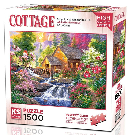 KS Puzzle 1500 Pieces Songbirds at Summertime Mill – colorful countryside jigsaw puzzle with birds, flowers, and a rustic watermill, crafted with Perfect Click Technology and 2.2mm thick board, 85 x 60 cm, available at MJ BoardGames Lebanon.