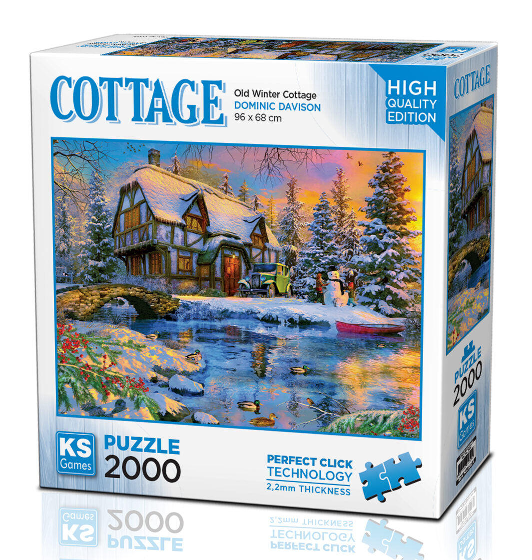 KS Puzzle 2000 Pieces Cottage Old Winter Cottage – large, detailed winter jigsaw puzzle featuring a rustic snow-covered cottage, Perfect Click Technology, and 2.2mm thick board, available at MJ BoardGames Lebanon.