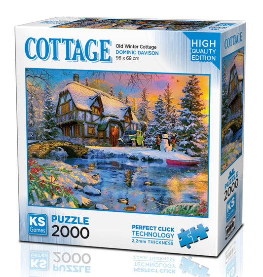 KS Puzzle 2000 Pieces Cottage Old Winter Cottage – large, detailed winter jigsaw puzzle featuring a rustic snow-covered cottage, Perfect Click Technology, and 2.2mm thick board, available at MJ BoardGames Lebanon.