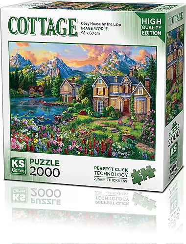 KS Puzzle 2000 Pieces Cozy House by the Lake – tranquil cottage jigsaw puzzle with lakeside scenery, 85 x 60 cm, Perfect Click Technology, 2.2mm thick board, KS Cottage Collection, available at MJ BoardGames Lebanon.