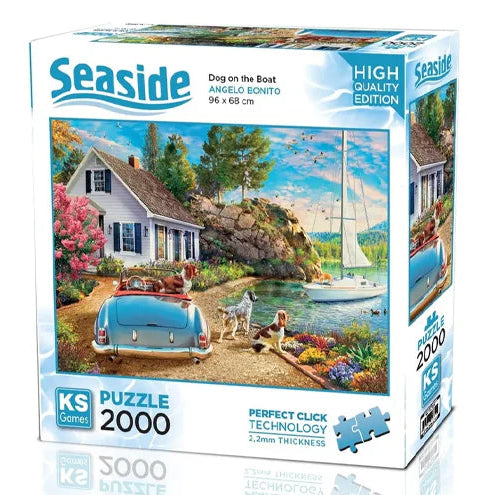 KS Puzzle 2000 Pieces Dog on the Boat – seaside jigsaw puzzle featuring a dog relaxing on a boat over calm waters, 96 x 68 cm, Perfect Click Technology, 2.2mm thick board, KS Seaside Collection, available at MJ BoardGames Lebanon.