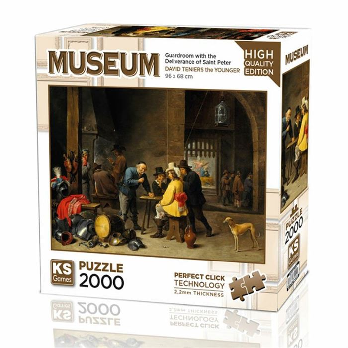KS Puzzle 2000 Pieces Guardroom with the Deliverance of Saint Peter – fine art museum jigsaw puzzle featuring a classical painting, 96 x 68 cm, Perfect Click Technology, 2.2mm thick board, KS Museum Collection, available at MJ BoardGames Lebanon.