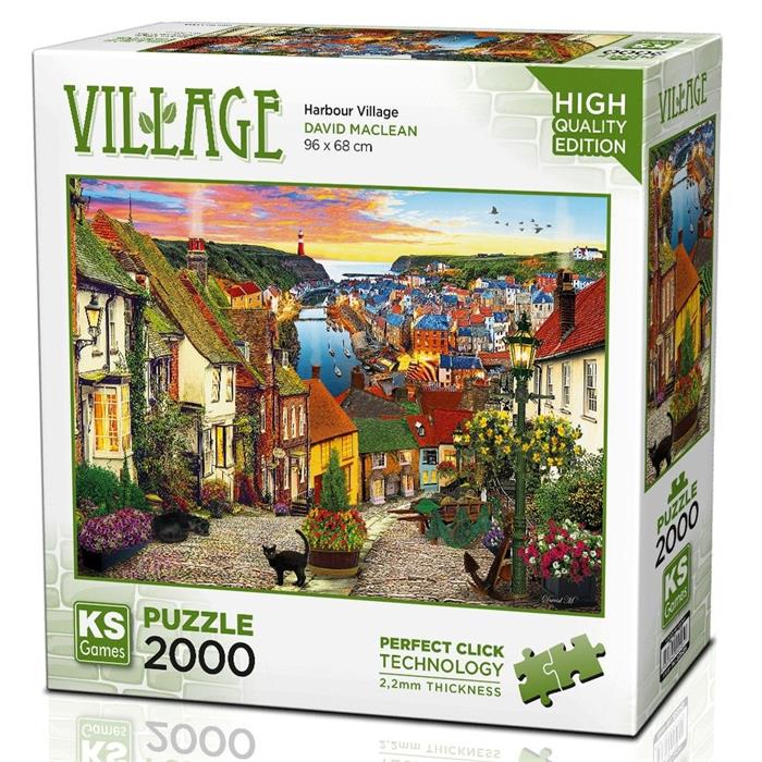 KS Puzzle 2000 Pieces Harbour Village – seaside jigsaw puzzle featuring colorful cottages and calm boats by the harbor, 96 x 68 cm, Perfect Click Technology, 2.2mm thick board, KS Village Collection, available at MJ BoardGames Lebanon.