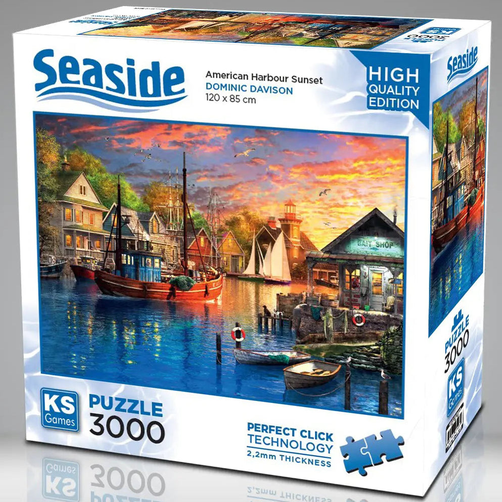 KS Puzzle 3000 Pieces American Harbour Sunset – seaside jigsaw puzzle depicting a calm harbor at sunset with boats and reflections, 120 x 85 cm, Perfect Click Technology, 2.2mm thick board, available at MJ BoardGames Lebanon.