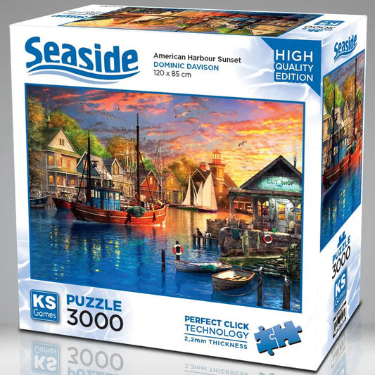KS Puzzle 3000 Pieces American Harbour Sunset – seaside jigsaw puzzle depicting a calm harbor at sunset with boats and reflections, 120 x 85 cm, Perfect Click Technology, 2.2mm thick board, available at MJ BoardGames Lebanon.
