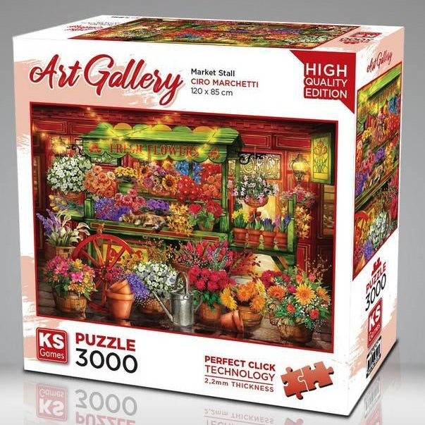 KS Puzzle 3000 Pieces Market Stall – detailed art gallery jigsaw puzzle of a vibrant marketplace scene with crafts and flowers, 120 x 85 cm, Perfect Click Technology, 2.2mm thick board, available at MJ BoardGames Lebanon.