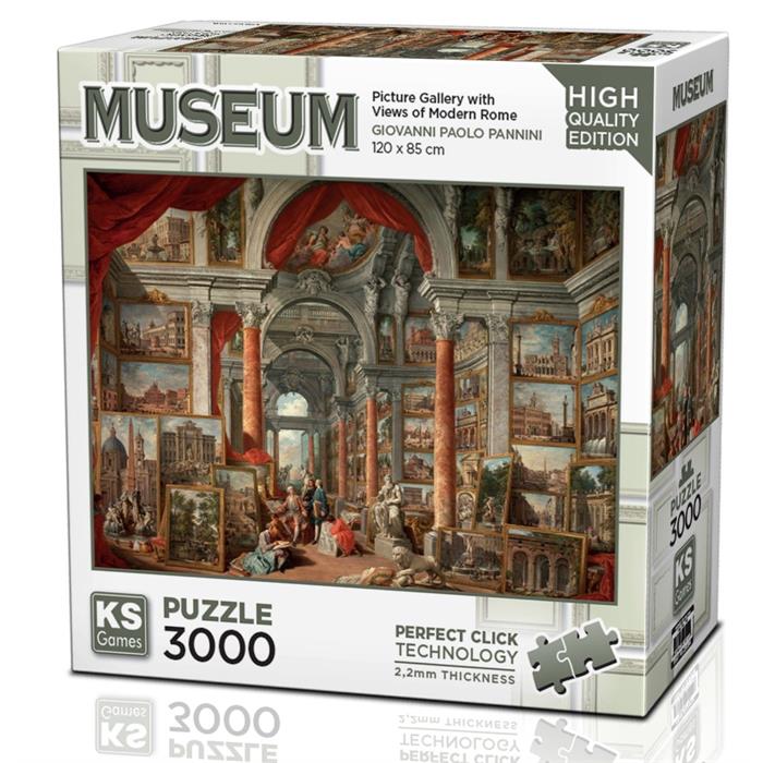 KS Puzzle 3000 Pieces Picture Gallery with Views of Modern Rome – museum jigsaw puzzle inspired by Giovanni Paolo Panini’s artwork, 120 x 85 cm, Perfect Click Technology, 2.2mm thick board, available at MJ BoardGames Lebanon.