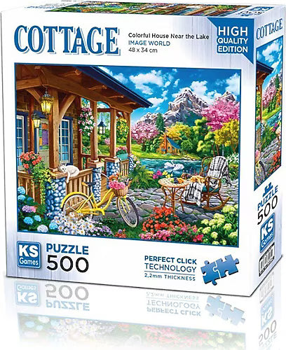 KS Puzzle 500 Pieces Colorful House Near the Lake – relaxing cottage jigsaw puzzle featuring a colorful lakeside home with nature reflections, 48 x 34 cm, Perfect Click Technology, 2.2mm thick board, available at MJ BoardGames Lebanon.