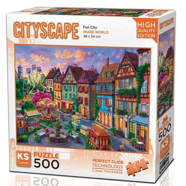 KS Puzzle 500 Pieces Fun City – colorful cityscape jigsaw puzzle featuring vibrant urban lights and buildings, 48 x 34 cm, Perfect Click Technology, 2.2mm thick board, available at MJ BoardGames Lebanon.