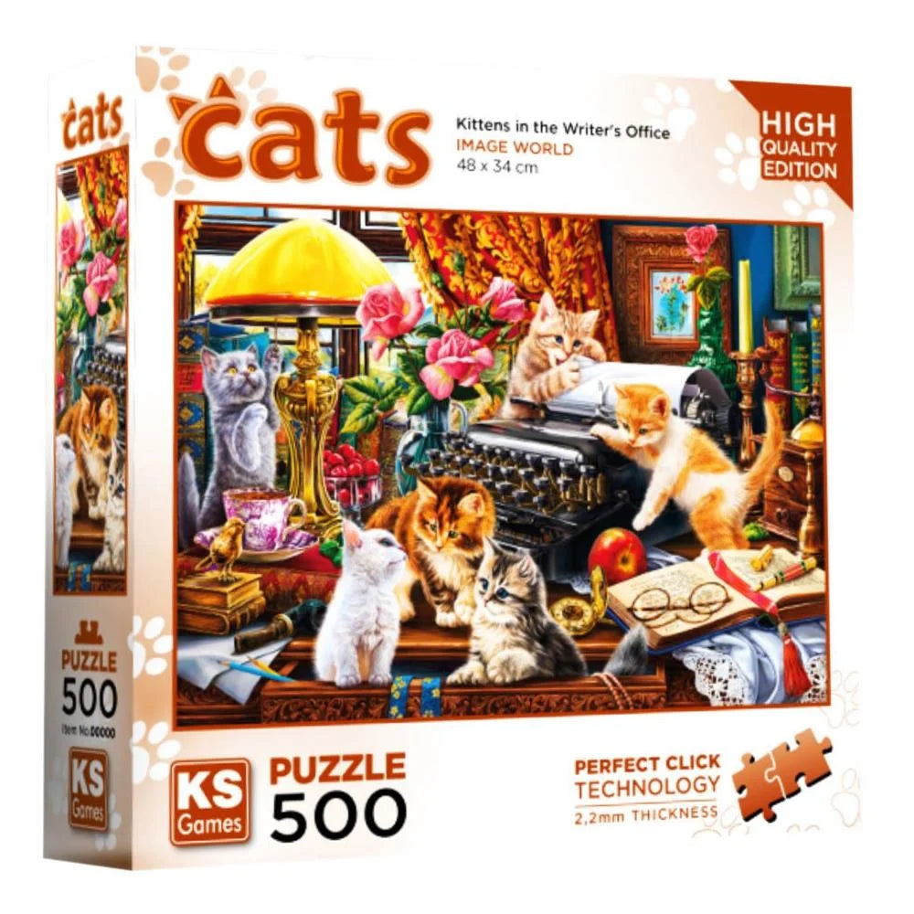KS Puzzle 500 Pieces Kittens in the Writer’s Office – cozy jigsaw puzzle featuring playful cats in a writer’s study, 48 x 34 cm, Perfect Click Technology, 2.2mm thick board, from KS Cats Collection, available at MJ BoardGames Lebanon.