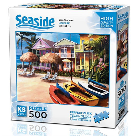 KS Puzzle 500 Pieces Like Summer – seaside jigsaw puzzle featuring a bright summer beach scene, 48 x 34 cm, Perfect Click Technology, 2.2mm thick board, available at MJ BoardGames Lebanon.