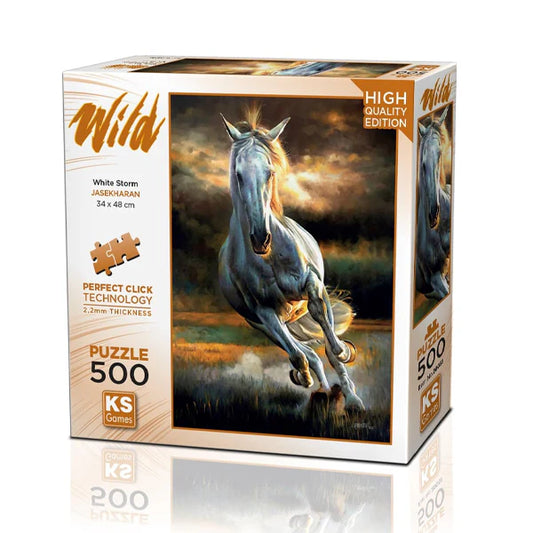 KS Puzzle 500 Pieces Wild White Storm – dramatic jigsaw puzzle featuring galloping white horses in a storm, 48 x 34 cm, Perfect Click Technology, 2.2mm thick board, from KS Wild Collection, available at MJ BoardGames Lebanon.