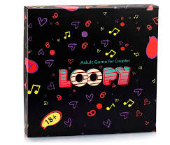 Loopy: Adult Couples Game showing the game board, colorful loop pieces, and intimacy challenge cards designed for couples’ playful and flirty interaction.
