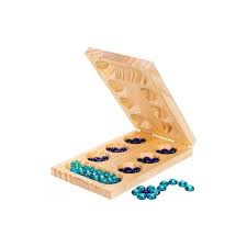 Mancala board game setup showing a wooden board with colorful stones ready for play.