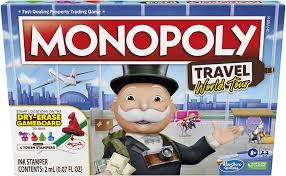 Monopoly: Travel World Tour board game setup showing a colorful world map board, player tokens, money, and property cards ready for play.