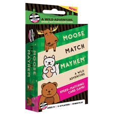 Card game packaging with moose and bear illustrations on a green background. Moose Match Mayhem fast matching family card game available at MJ BoardGames Lebanon
