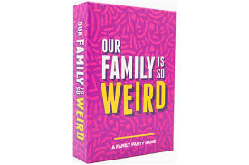 Pink box with yellow text 'Our Family is So Weird' on a white background. available at MJ BoardGames Lebanon