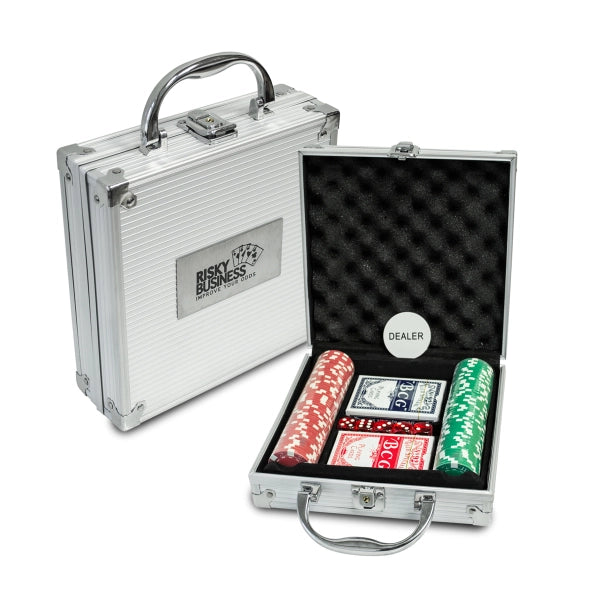 Poker chips set 100 pieces with cards dice dealer button and aluminum case available at MJ Board Games Lebanon