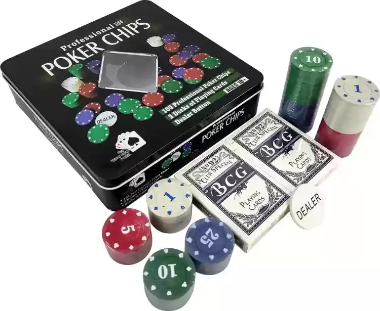 Poker set with 100 lightweight 4g poker chips for card games available at MJ Board Games Lebanon
