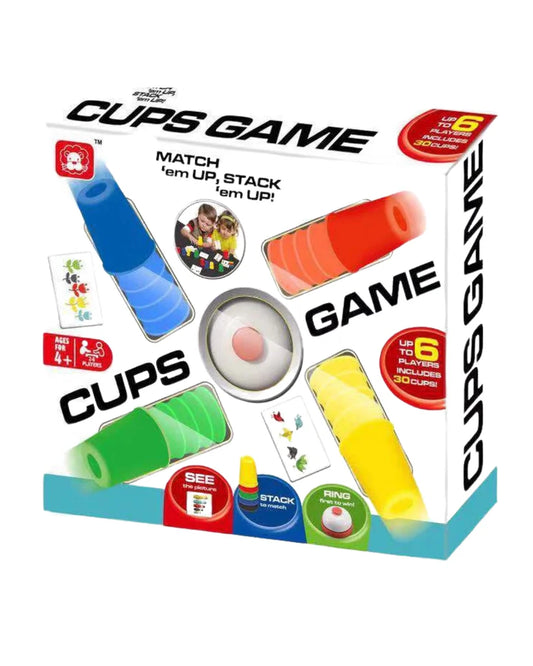 Quick Cups board game with colorful stacking cups, challenge cards, and fast reflex gameplay for families and kids.