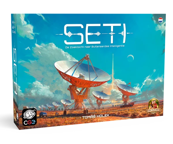 Board game box for 'SETI' by CCG Games, featuring a colorful illustration of radio telescopes in a desert landscape under a bright blue sky with a rocket launch.