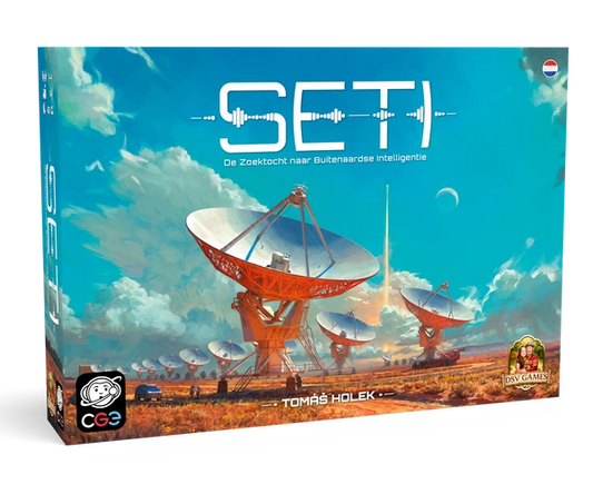 Board game box for 'SETI' by CCG Games, featuring a colorful illustration of radio telescopes in a desert landscape under a bright blue sky with a rocket launch.