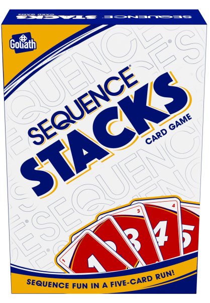 Sequence Stacks strategy card game box and cards by MJ Board Games, fun fast-paced stacking game for game nights