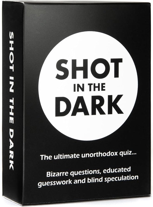 Shot in the Dark adult party card game with prompts and answers available at MJ Board Games Lebanon